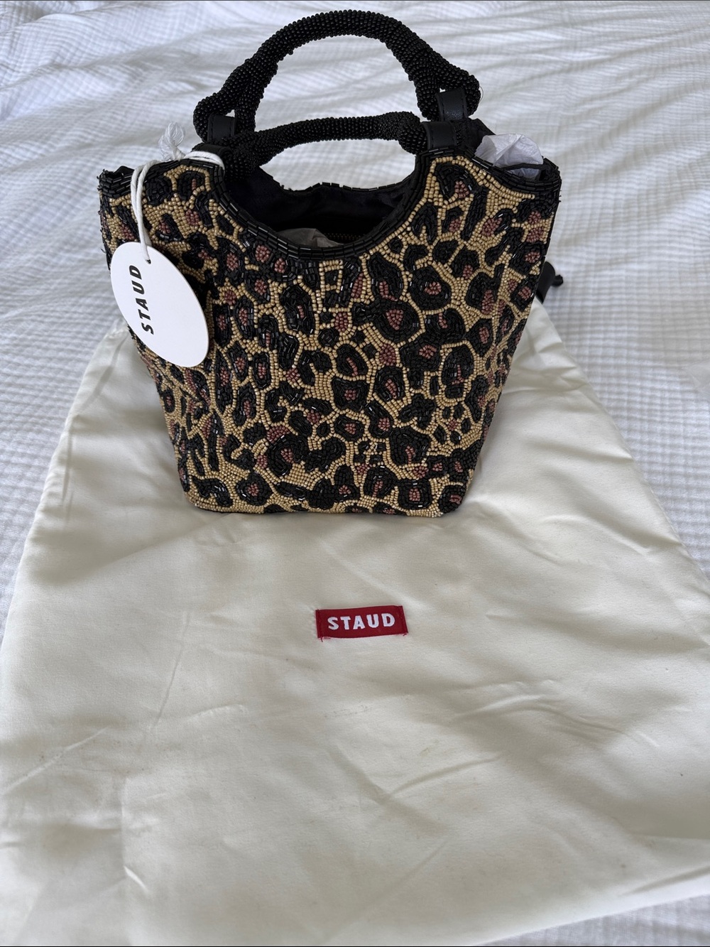 STAUD Leopard Beaded Mini Tote in Black, Gold, Brown